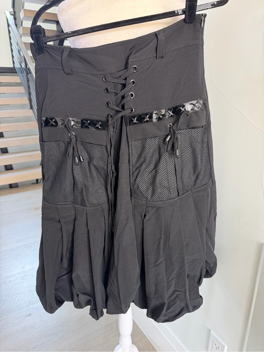 Vintage Black Lace-Up Bubble Hem Skirt with Fur,Mesh and leather accents size L